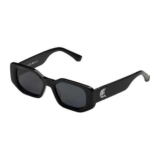 A pair of black sunglasses with a rectangular frame and dark lenses.